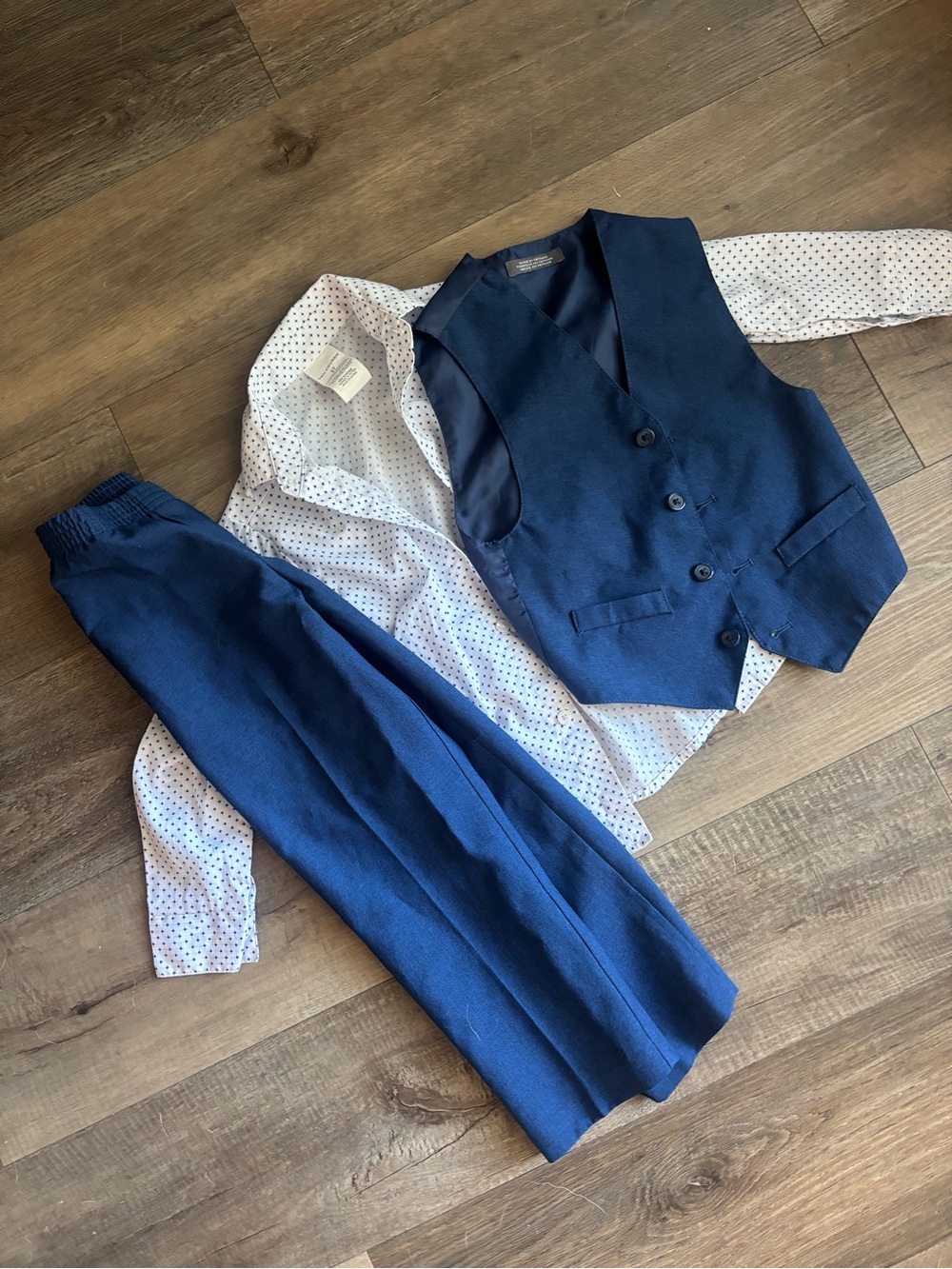 Van Heusen Boys Navy Blue Vest, Pants & White Polka Dot Shirt Set